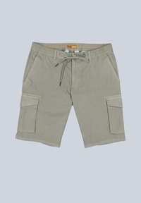 Gray cargo shorts made of cotton blend fabric. They feature an elastic waistband with drawstring and two side pockets.