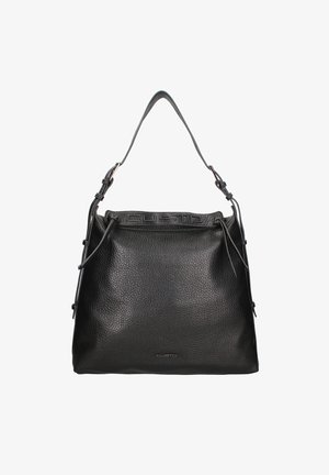 Borsa a spalla in pelle nera con finitura texturizzata, tracolla regolabile, apertura arricciata e nome del marchio impresso sulla parte superiore.