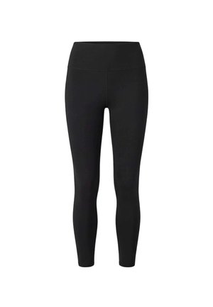 Schwarze, hoch taillierte, eng anliegende Leggings mit glatter Textur und knöchellangem Schnitt, vor weißem Hintergrund gezeigt.