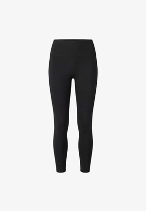 Schwarze, hoch taillierte, eng anliegende Leggings mit glatter Textur und knöchellangem Schnitt, vor weißem Hintergrund gezeigt.