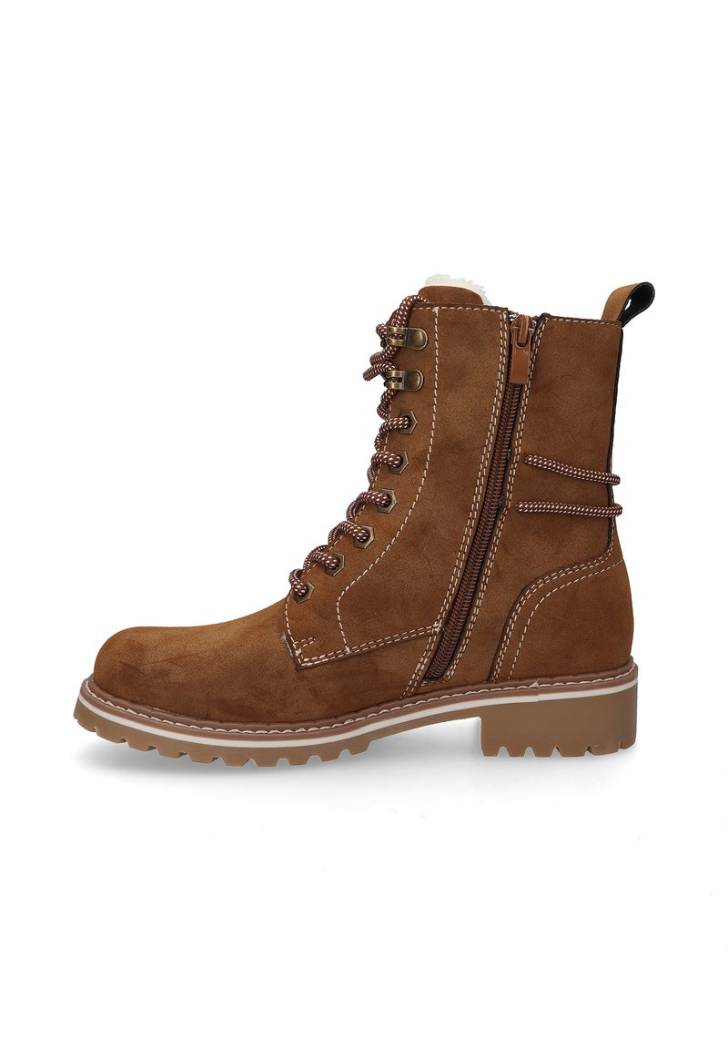 Brown suede ankle boot with lace-up front, zipper closure, and rubber sole. Features contrasting stitching and a rugged design.