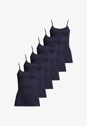 Six camisoles pour femmes bleu marine à fines bretelles disposés en diagonale sur un fond blanc.