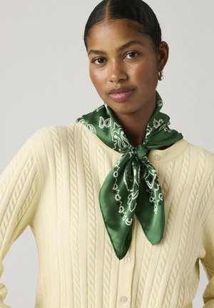 Kobieta z ciemnymi włosami związanymi do tyłu, nosząca złote kolczyki koła, kremowy sweter z warkoczowym splotem oraz zieloną wzorzystą jedwabną apaszkę związaną na szyi.