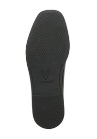 Zwarte rubberen schoenzool met gestructureerde grip, voorzien van een V-logo en CE-markering, en een kenmerkend visgraatpatroon voor grip.