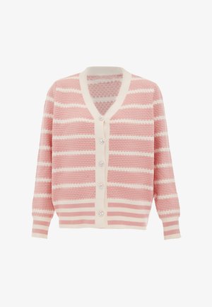 Rózsaszín és fehér csíkos kardigán V-nyakkal, gombos elejével és texturált anyaggal. Gyöngyszerű gombokkal és bordázott mandzsettákkal rendelkezik.