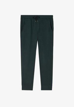 Dark green sweatpants made of soft fabric, featuring an elastic waistband with a drawstring, side pockets, and tapered cuffs.