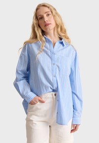 Camicia button-up azzurro chiaro con strisce verticali bianche e rosa, maniche lunghe, una tasca sul petto e una vestibilità rilassata.