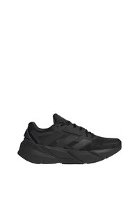 Black athletic shoe featuring a textured mesh upper, padded collar, and a thick rubber sole with geometric accents for support.
