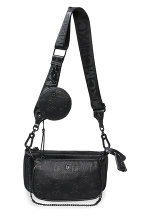 Black crossbody bag with embossed logo pattern, adjustable strap with brand name, chain detail, and attached small round coin pouch.