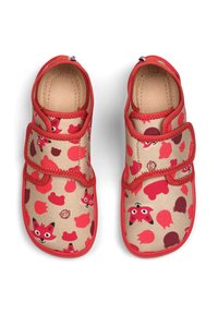 Red fabric shoes with a beige base, featuring a playful fox and berry pattern. They have Velcro straps and a textured sole for grip.