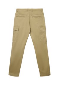 Pantaloni cargo beige con design a gamba dritta, dotati di Due tasche laterali, Due tasche posteriori e una texture del tessuto liscia.