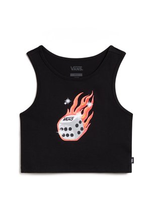 Musta Vans crop top, jossa on liekehtivä valkoinen noppa, jossa näkyy luku kuusi ja ympärillä kipinöitä.