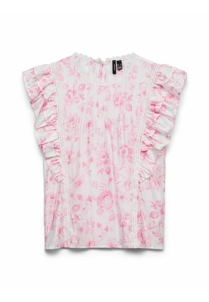 Blouse blanche à motif floral rose, avec manches courtes volantées et bordure en dentelle sur le devant et l'encolure.