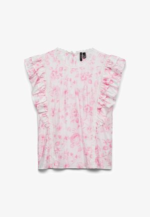 Blouse blanche à motif floral rose, avec manches courtes volantées et bordure en dentelle sur le devant et l'encolure.