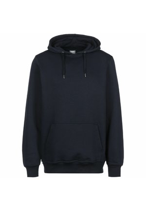 Navy blue hoodie made of soft fabric, featuring a kangaroo pocket, drawstring hood, and ribbed cuffs and hem. Minimalist design.