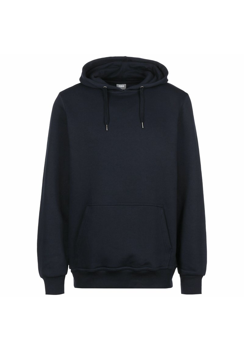 Hoodie bleu marine en tissu doux, avec une poche kangourou, un capuchon à cordon de serrage et des poignets et un ourlet côtelés. Design minimaliste.