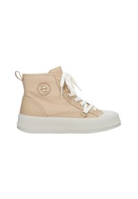 Beige hoge sneakers van glad synthetisch materiaal. Voorzien van een witte rubberen zool met ribbeltextuur en een rond logo detail aan de zijkant.