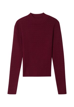 Bordeauxfarbenes Strickpullover mit hohem Kragen, langen Ärmeln und einem strukturierten Muster. Eng anliegender Stil, weiches Material und keine sichtbaren Beschläge.