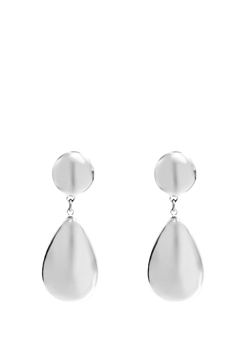 Orecchini a goccia in argento caratterizzati da una pallina rotonda e un pendente a forma di goccia, con finitura lucida e superficie liscia, design minimalista.