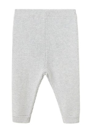 Lichtgrijze geribbelde gebreide babybroek met elastische tailleband en enkelfrullingen, ontworpen voor comfort en warmte.