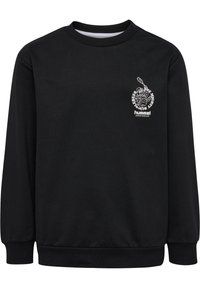 Zwarte sweatshirt met lange mouwen, ronde hals, ribgebreide manchetten, en een witte grafische print op de linkerborst. Soepele stofstructuur.
