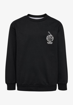 Zwarte sweatshirt met lange mouwen, ronde hals, ribgebreide manchetten, en een witte grafische print op de linkerborst. Soepele stofstructuur.