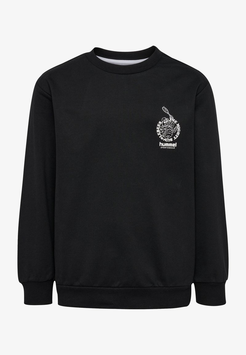 Svart sweatshirt med långa ärmar, rund hals, ribbade muddar och en vit grafisk tryck på vänstra bröstet. Slät tygkänsla.