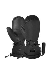 Schwarze Leder- und synthetische Handschuhe mit einem gestrafften Handgelenk, verstellbarem Riemen und einem Etikett. Besteht aus glatten und strukturierten Materialien.