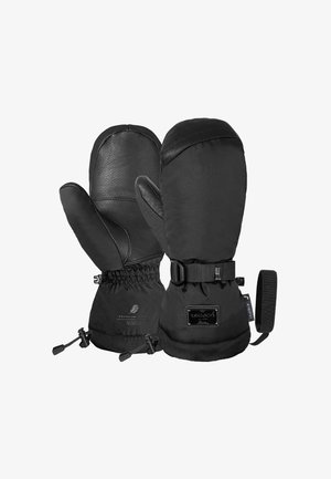 Zwarte leren en synthetische wanten met een cinchpols, verstelbare riem en labeldetails. Kenmerkt zich door gladde en gestructureerde materialen.