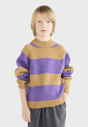 Sweter dzianinowy z poziomymi paskami w kolorze purpurowym i złotobrązowym. Wysoki prążkowany kołnierz oraz luźne rękawy, wykonany z teksturowanej tkaniny.
