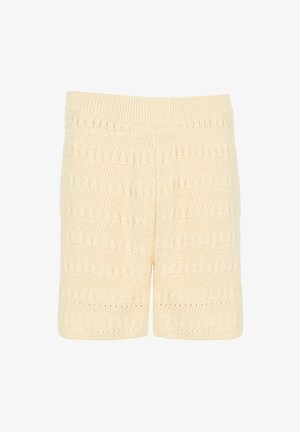 Shorts en tricot couleur crème avec un motif texturé en zigzag et carrés, et une taille côtelée.