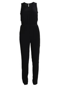 Černý bezramínkový overal s texturovanými bočními detaily, elastickým pasem a uzavíráním na klíčovou dírku na zádech. Vyrobeno z hladkého materiálu.