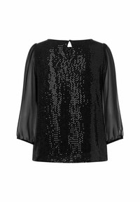 Schwarzes Oberteil mit einer paillettenbesetzten Vorderseite, durchsichtigen langen Ärmeln, Rundhalsausschnitt und einem Schlüsselloch-Rücken. Texturierte, glatte Stoffkontrast.