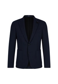 Marine-blauwe krijtstreep blazer gemaakt van stevige stof, met een notch revers, twee voorzakken en een enkele knoopsluiting.