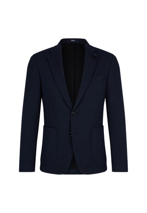 Navy-blaues Nadelstreifen-Blazer aus strukturiertem Stoff mit rückwärtigem Revers, zwei Vorderaschen und einem Ein-Knopf-Verschluss.