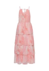 Robe maxi sans manches à volants rose et blanche avec un col en V, un détail noué sur le devant et une jupe à couches fluides.