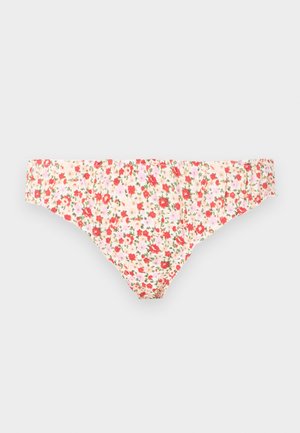 Damesbikini met lage taille met roze, rode en witte bloemenprint op een witte achtergrond.