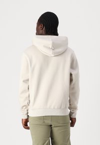 Light gray hoodie, cotton blend fabric, with a drawstring hood, ribbed cuffs, and hem. Back view shows minimalistic design and no logos.