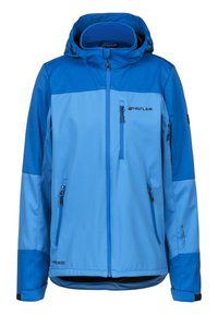 Modrá venkovní bunda s dvoubarevným designem, zipovými kapsami, nastavitelnou kapucí a voděodolným materiálem. Obsahuje značkové detaily.