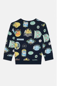 Felpa blu navy con grafiche di Pokémon diverse, tra cui Pikachu, Squirtle e loghi stilizzati, realizzata in un morbido misto cotone.