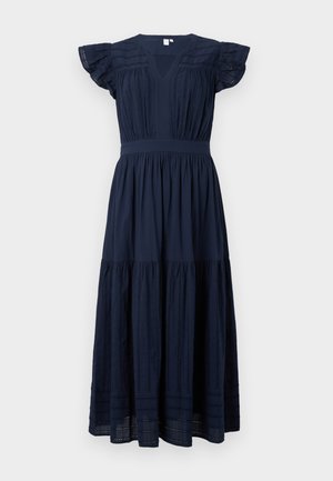 Mörkblå midi-klänning med V-ringning, volang korta ärmar och vertikala spetsdetaljer på kroppen och kjoldelar.
