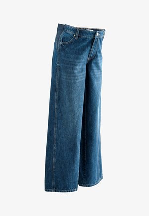 Wijduitlopende denim jeans in donkerblauw, voorzien van een klassiek vijf-pocket ontwerp, gestikte naden en een middellange taille met een rits.