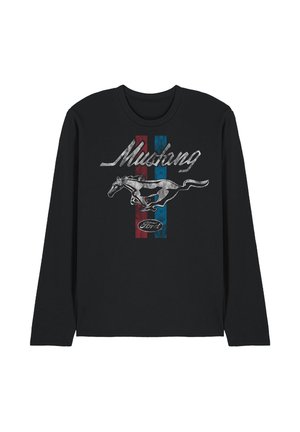 Black long-sleeve shirt with vintage silver running horse, "Mustang" text, red and blue vertical stripes, and small Ford logo below.