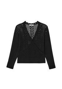 Cardigan noir en tricot avec un col en V, présentant un motif en dentelle, des manches longues et une taille cintrée. Le tissu texturé offre une bonne respirabilité.