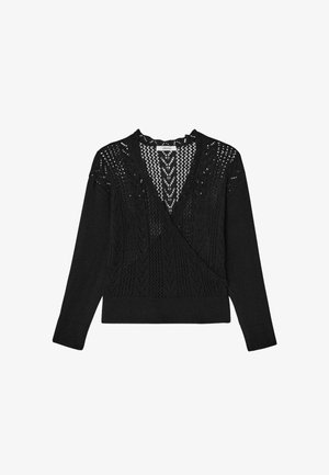 Cardigan noir en tricot avec un col en V, présentant un motif en dentelle, des manches longues et une taille cintrée. Le tissu texturé offre une bonne respirabilité.