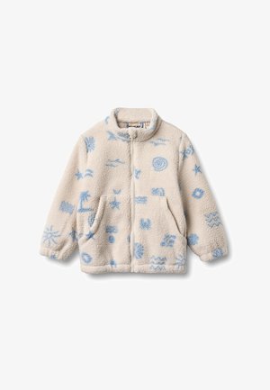 Béžová fleecová bunda s modrými abstraktními symboly, předním zipem, vysokým límcem, dlouhými rukávy a dvěma předními kapsami.