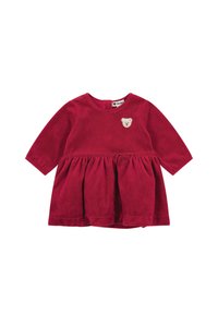 Rotes Velourskleid mit langen Ärmeln, ausgestelltem Rock, Schleifendetail in der Taille und einem Teddybär-Applikation auf der Brust.