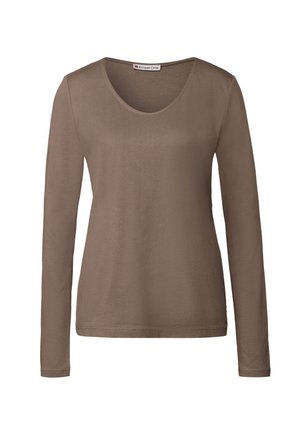 Long-sleeved, scoop-neck top in a muted brown color, made of soft fabric with a smooth texture and minimal stitching details.