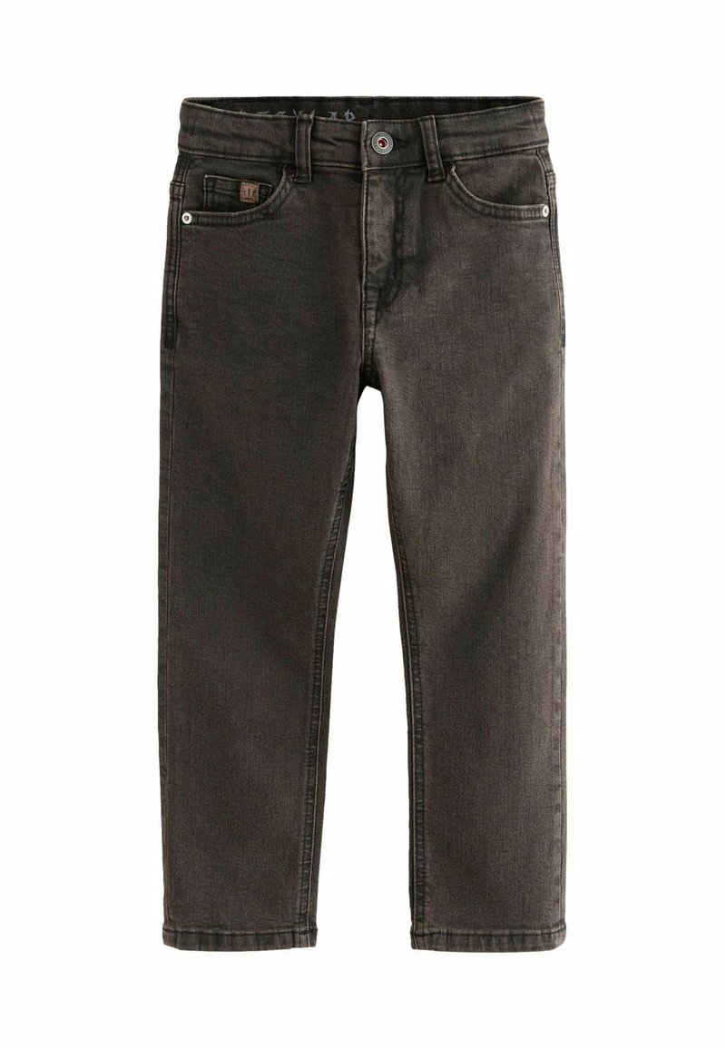 Vaqueros de denim marrón oscuro con cinco bolsillos, cierre de botón y un sutil desvanecimiento. La costura contrasta con el color de la tela, creando una apariencia texturizada.