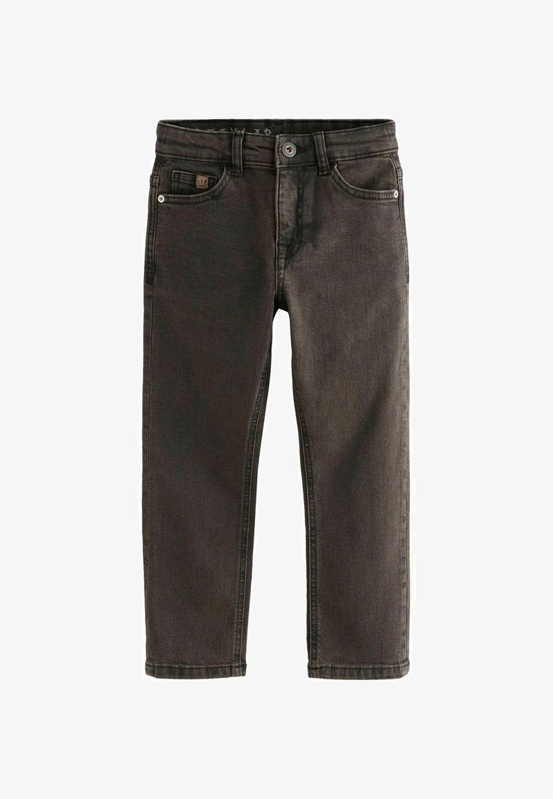 Jeans in denim marrone scuro con cinque tasche, chiusura a bottoni e leggere sfumature. La cucitura contrasta con il colore del tessuto, creando un aspetto testurizzato.